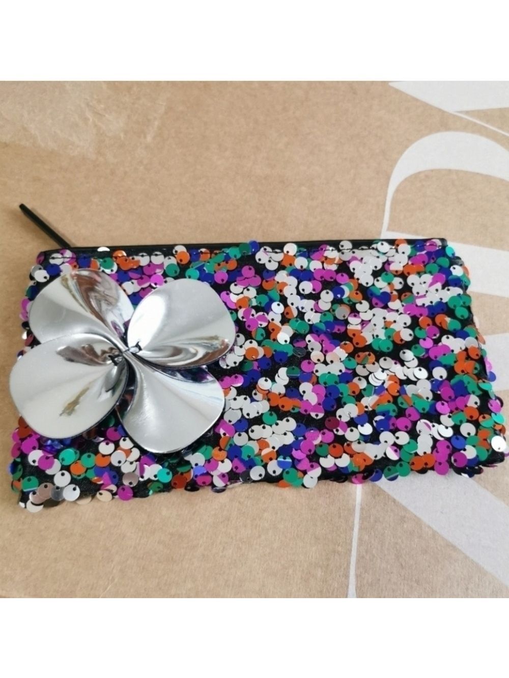 Multicolor MAC Sequin Floral Pouch Make Up Clutch 8.5"
